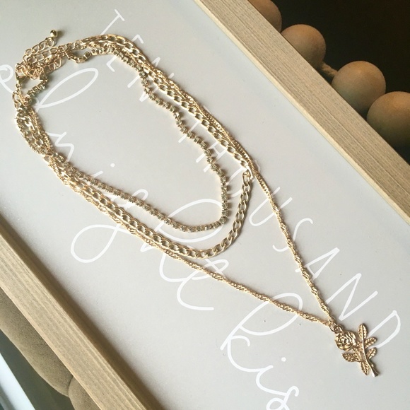 Layered Rose Pendant Rhinestone Gold Necklace - Picture 3 of 8